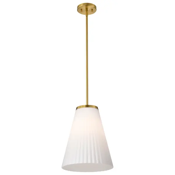 The Royale Large Pendant brings Art Deco glamour to modern spaces with its ribbed white glass shade and burnished brass finish. The pleated glass diffuses light beautifully while adding textural sophistication, making it perfect for dining rooms, kitchen islands, and entryways seeking elegant statement lighting. - alternate view