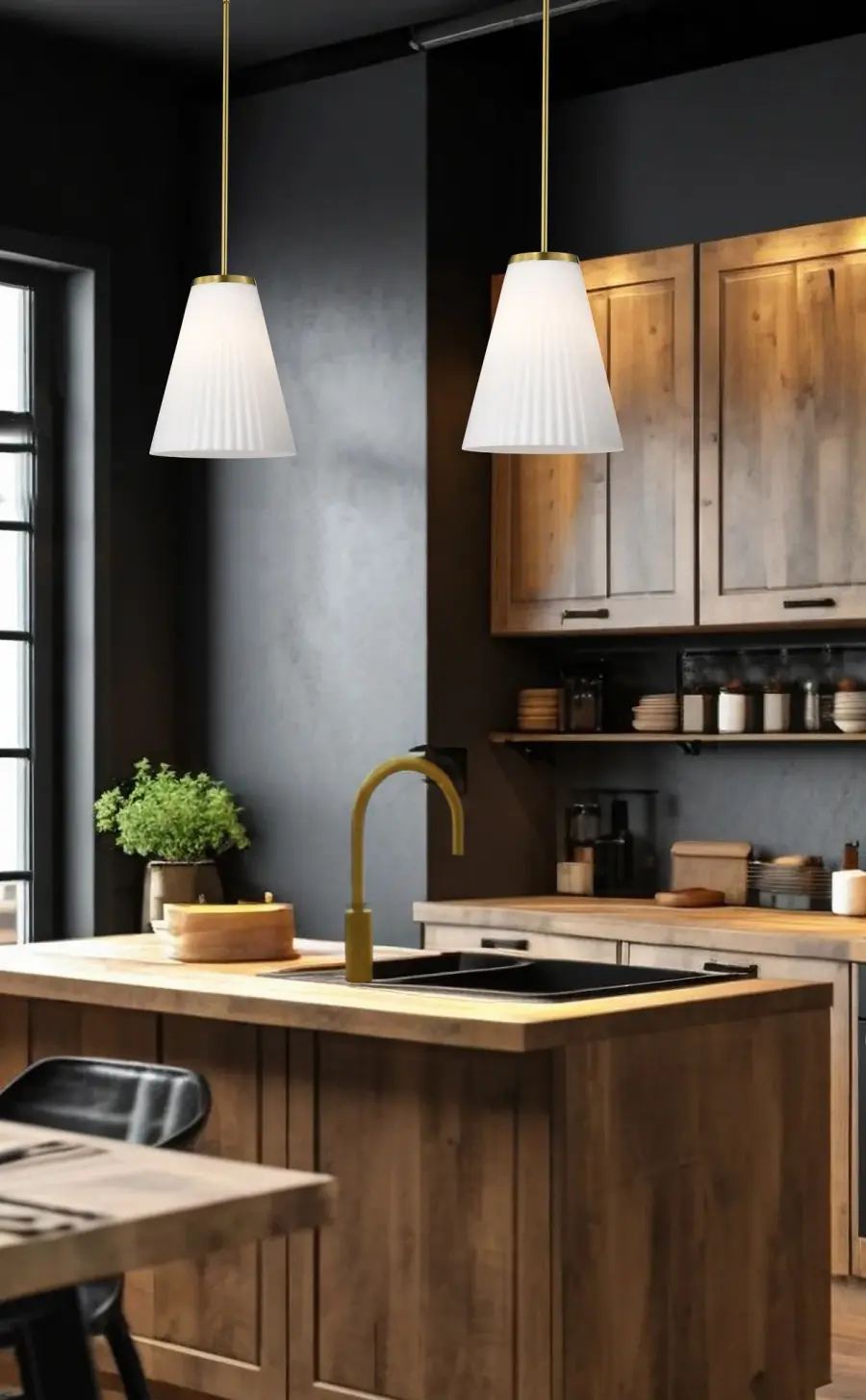 Royale Large Pendant in Burnished Brass with Ribbed White Glass - Image 14