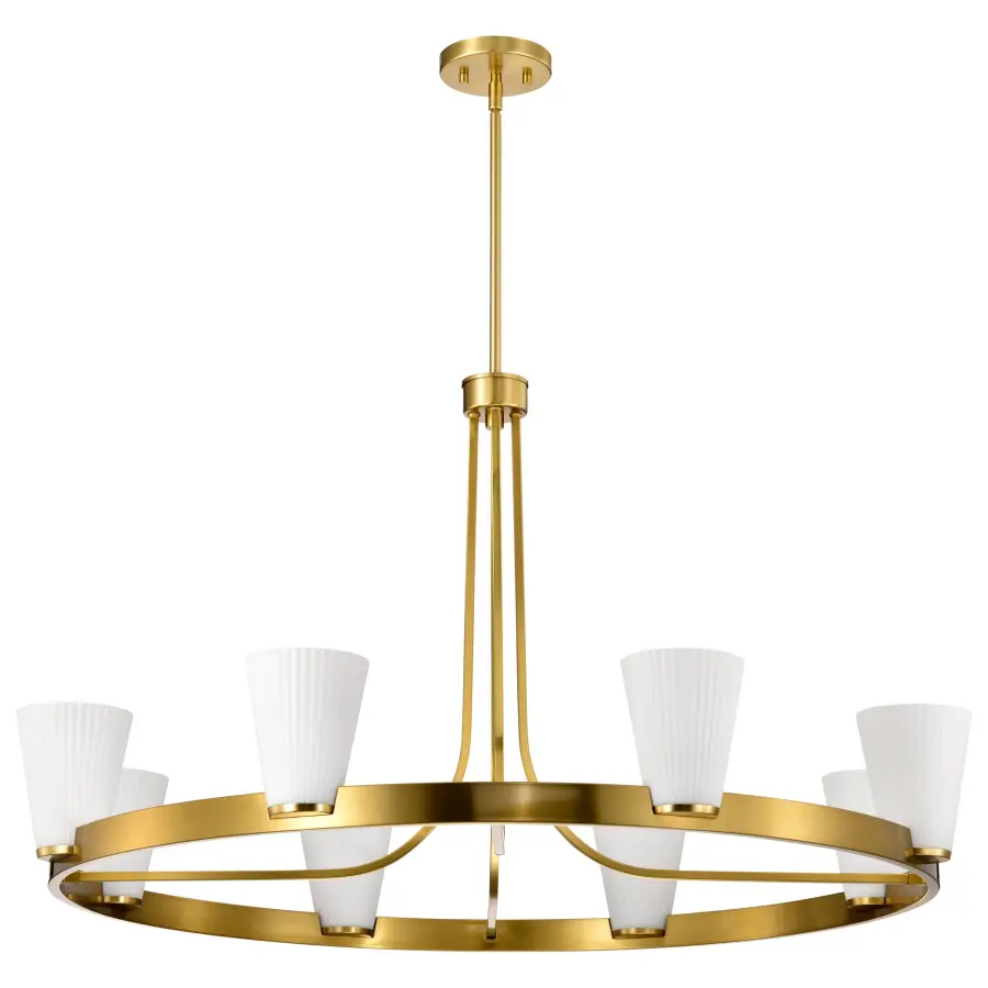 Royale 8-Light Chandelier in Burnished Brass with Ribbed White Glass - Image 1