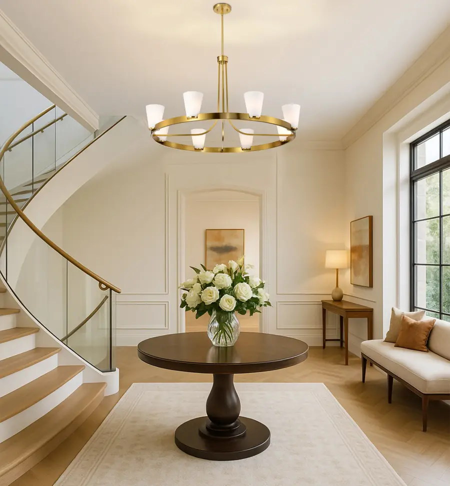 Royale 8-Light Chandelier in Burnished Brass with Ribbed White Glass - Image 14