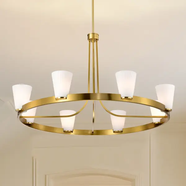 Royale 8-Light Chandelier in Burnished Brass with Ribbed White Glass - Image 15