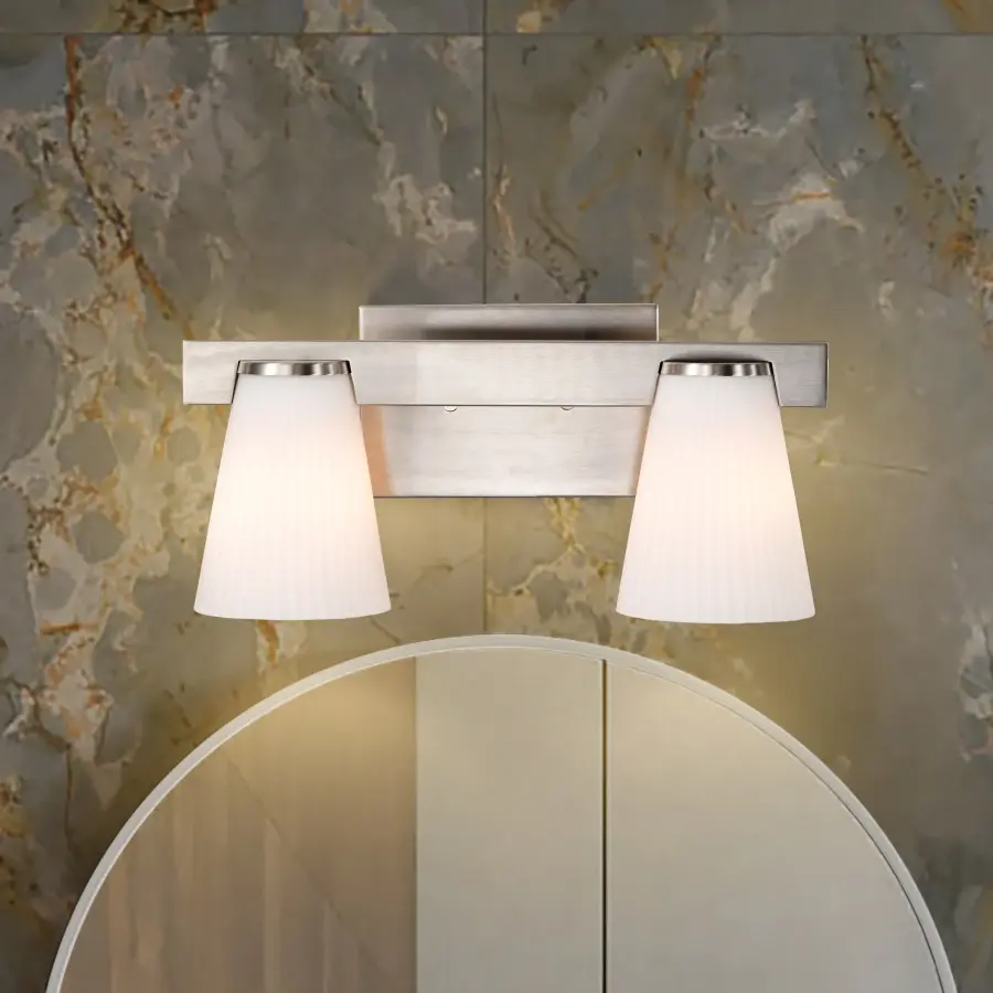 Royale 2-Light Vanity in Brushed Nickel with Ribbed White Glass - Image 19