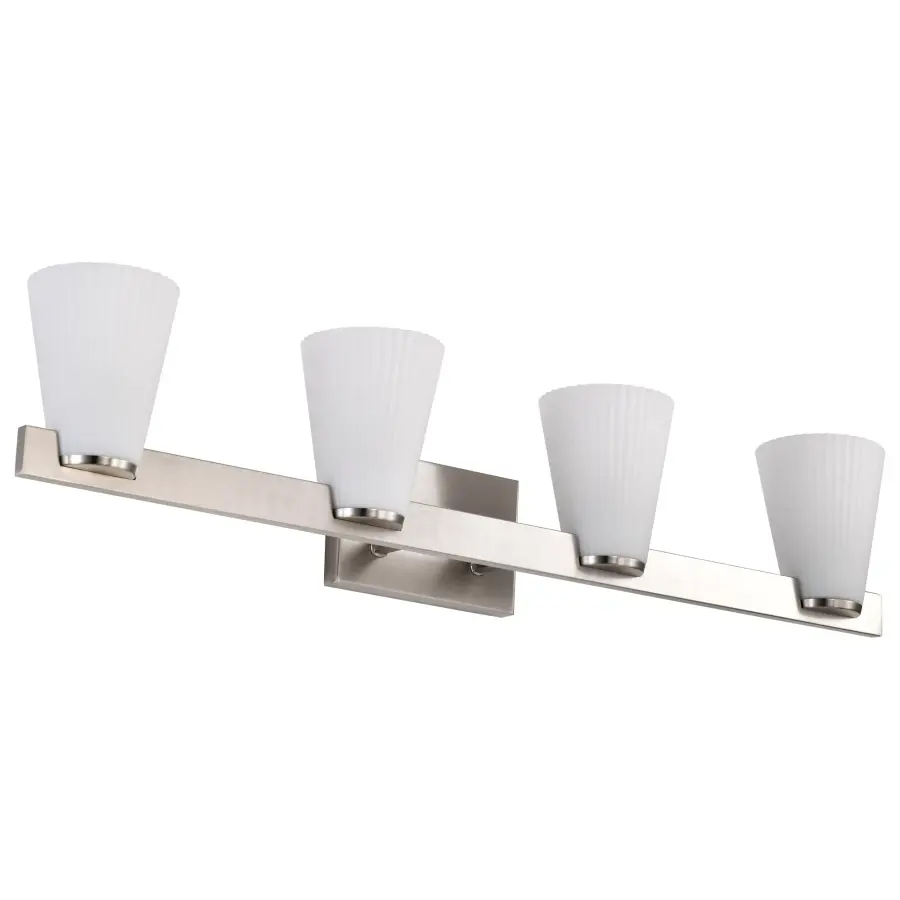Royale 4-Light Vanity in Brushed Nickel with Ribbed White Glass - Image 1
