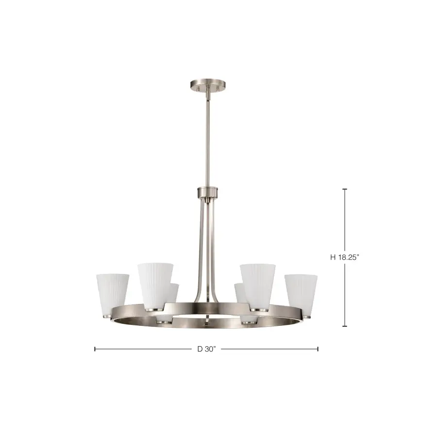 Royale 6-Light Chandelier in Brushed Nickel with Ribbed White Glass - Image 15