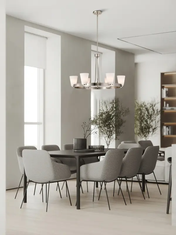 Royale 6-Light Chandelier in Brushed Nickel with Ribbed White Glass - Image 16