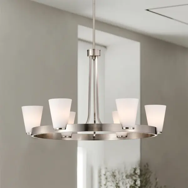 Royale 6-Light Chandelier in Brushed Nickel with Ribbed White Glass - Image 17
