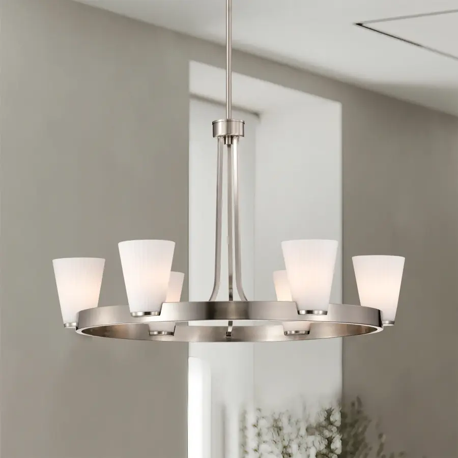 Royale 6-Light Chandelier in Brushed Nickel with Ribbed White Glass - Image 17