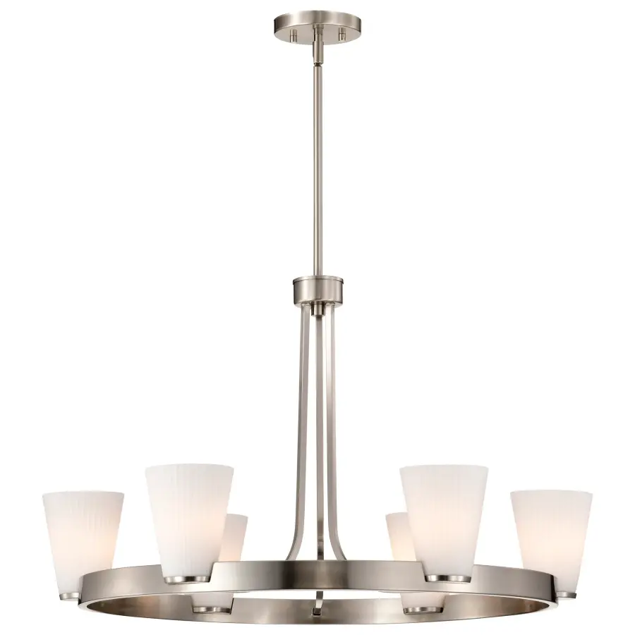 Royale 6-Light Chandelier in Brushed Nickel with Ribbed White Glass - Image 4