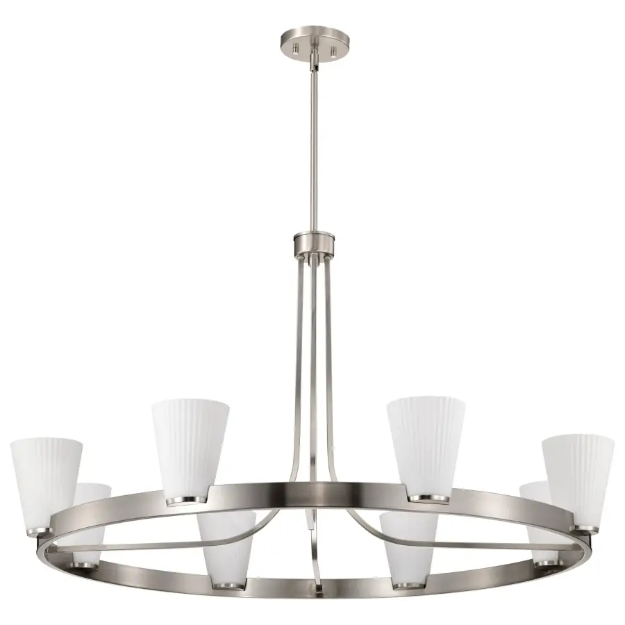 Royale 8-Light Chandelier in Brushed Nickel with Ribbed White Glass - Image 1