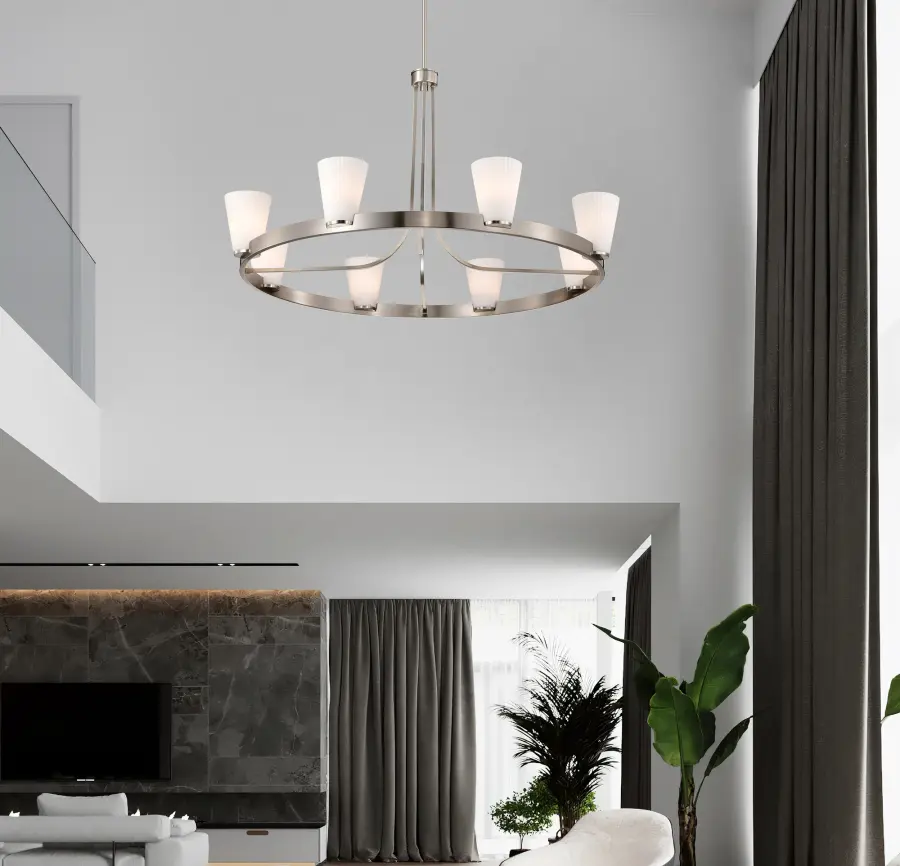 Royale 8-Light Chandelier in Brushed Nickel with Ribbed White Glass - Image 19