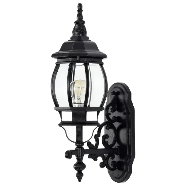 The Central Park wall lantern combines classic architecture with clear beveled glass panels for a stately outdoor lighting solution. Its versatile traditional design complements various home exteriors while providing reliable illumination.