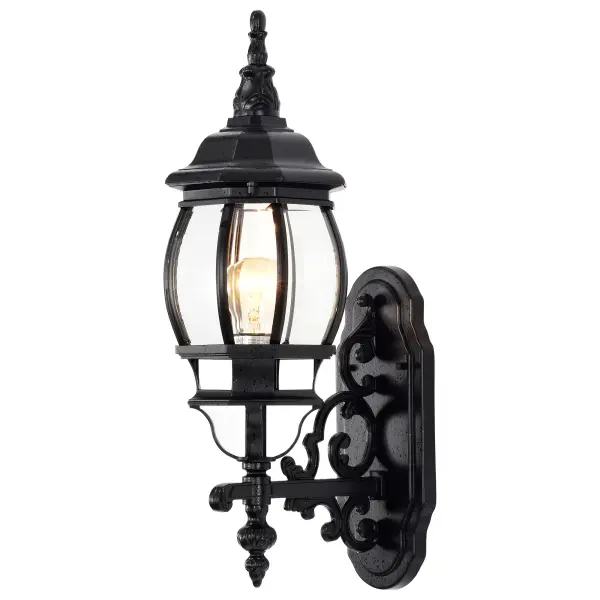 The Central Park wall lantern combines classic architecture with clear beveled glass panels for a stately outdoor lighting solution. Its versatile traditional design complements various home exteriors while providing reliable illumination. - alternate view