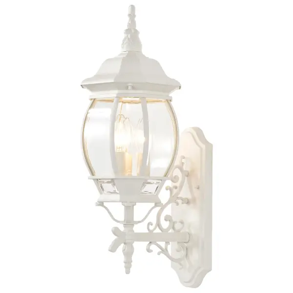 The Central Park wall lantern combines classic design with practical outdoor lighting. Its white finish and clear beveled glass create a sophisticated look that complements traditional and transitional home exteriors. - alternate view