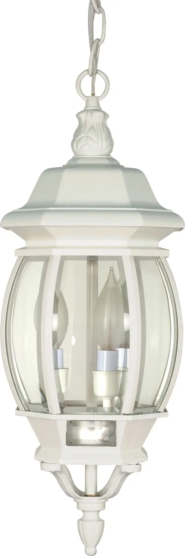 This traditional outdoor hanging lantern combines timeless design with practical functionality. The white finish and clear beveled glass create an elegant look that complements various architectural styles.