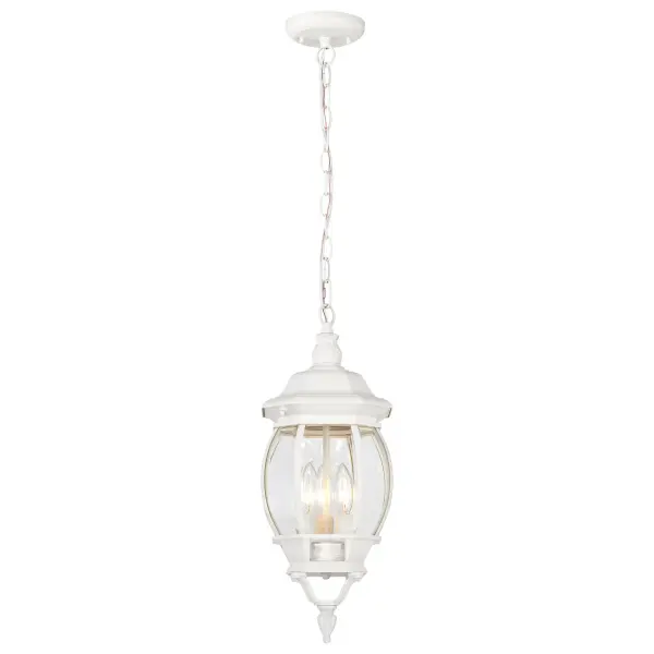 This traditional outdoor hanging lantern combines timeless design with practical functionality. The white finish and clear beveled glass create an elegant look that complements various architectural styles. - alternate view