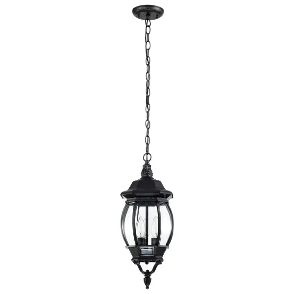 The Central Park hanging lantern combines traditional architecture with versatile styling that complements various home exteriors. Clear beveled glass panels provide weather protection while showcasing the bulbs.
