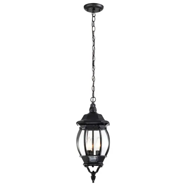The Central Park hanging lantern combines traditional architecture with versatile styling that complements various home exteriors. Clear beveled glass panels provide weather protection while showcasing the bulbs. - alternate view