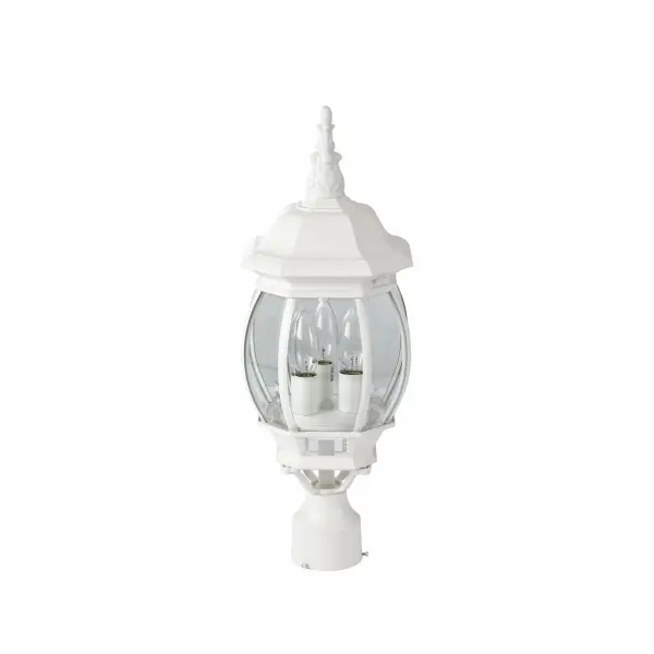 The Central Park 3-Light Post Lantern combines traditional design with versatile styling that complements various home exteriors. Clear beveled glass panels provide protection while showcasing the architectural details.