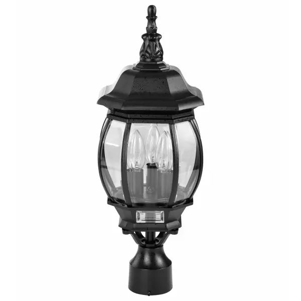 The Central Park 3-Light Post Lantern combines traditional design with versatile styling that complements various home exteriors. Clear beveled glass panels provide protection while showcasing the architectural details.