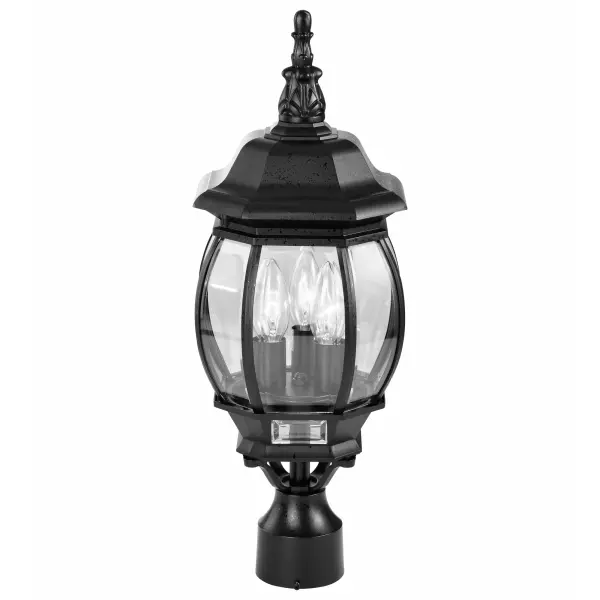 The Central Park 3-Light Post Lantern combines traditional design with versatile styling that complements various home exteriors. Clear beveled glass panels provide protection while showcasing the architectural details. - alternate view