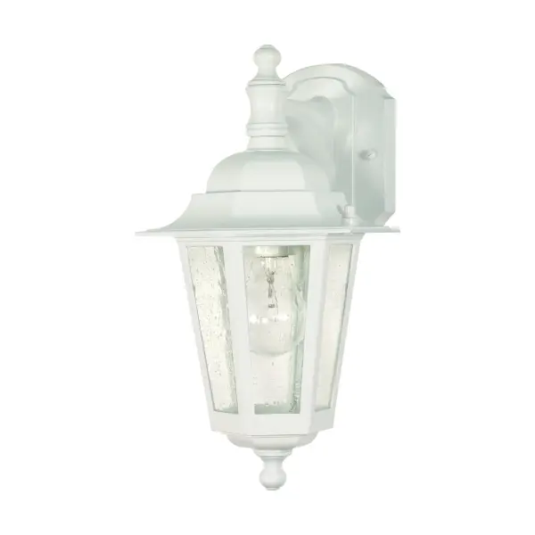 The Cornerstone wall lantern delivers classic styling with clear seeded glass at an accessible price point. Its white finish and traditional design make it versatile for various exterior applications.
