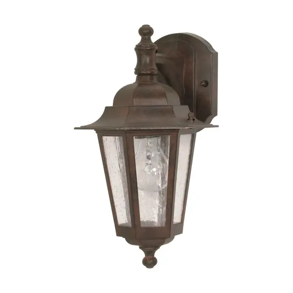 The Cornerstone wall lantern delivers timeless style with its arm-down design and clear seed glass. At 13 inches, it's perfectly sized for entryways, porches, and patios, offering practical illumination with traditional charm.