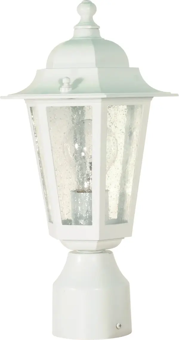 An elegant outdoor lighting solution that combines traditional design with versatile styling. The white finish and clear seeded glass create a welcoming ambiance perfect for illuminating pathways, driveways, and entryways.