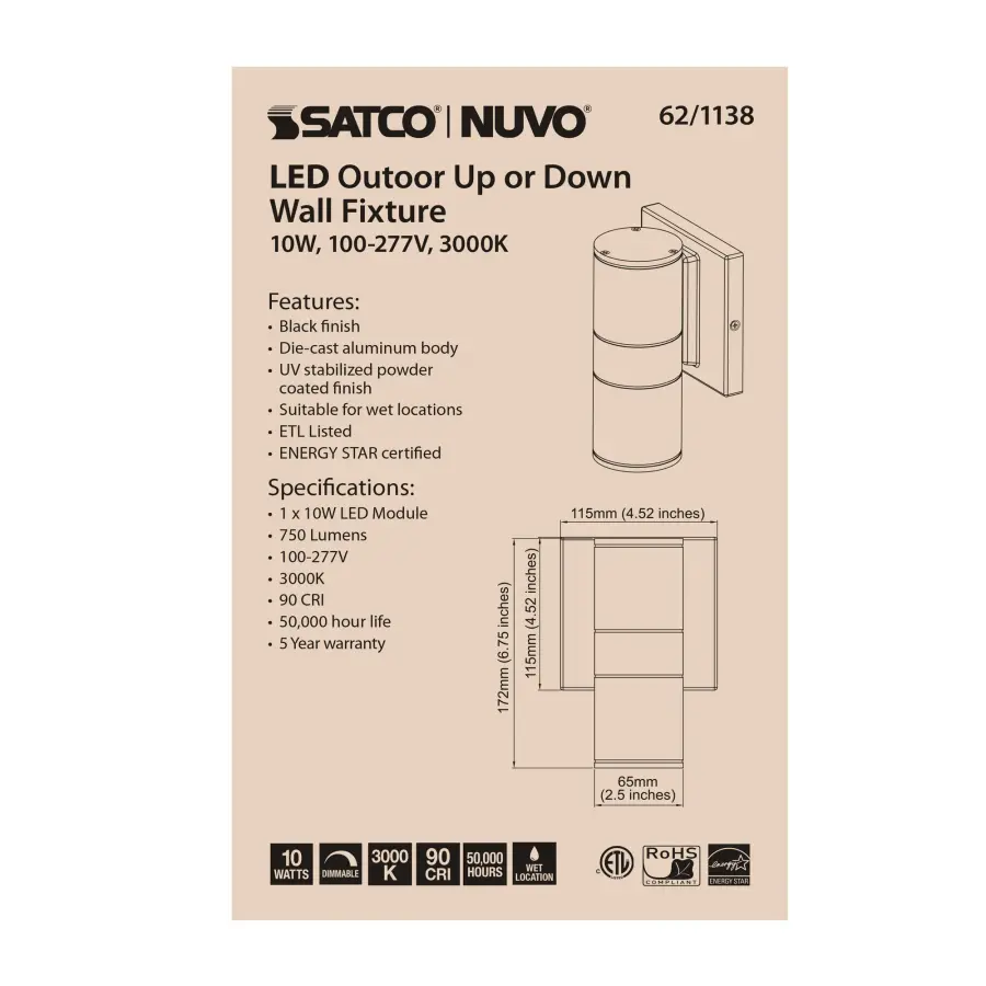LED Cylindrical Up/Down Wall Sconce - Black - Image 3