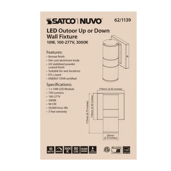 LED Cylindrical Up/Down Wall Sconce - Bronze - Image 3