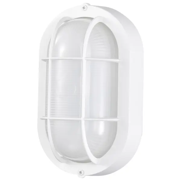 Energy-efficient LED bulkhead fixture with rugged construction designed for outdoor walkways, entrances, and light commercial applications. Features warm 3000K lighting with excellent 90 CRI color rendering. - alternate view