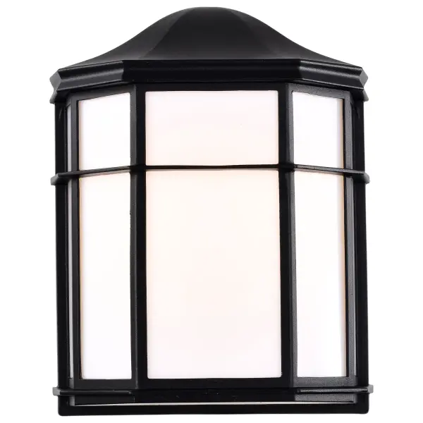 This energy-efficient LED bulkhead fixture combines industrial cage styling with weather-resistant construction. The black finish and white linen acrylic diffuser provide 600 lumens of warm 3000K light, ideal for outdoor walkways, entrances, and patios. - alternate view