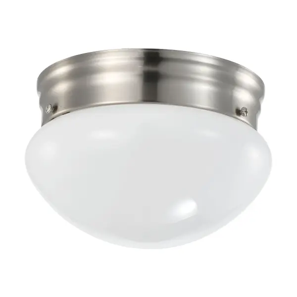 This compact 7-inch LED flush mount delivers reliable, energy-efficient lighting for hallways, closets, and utility areas. The brushed nickel finish and frosted glass provide a clean, contemporary look that blends seamlessly. - alternate view