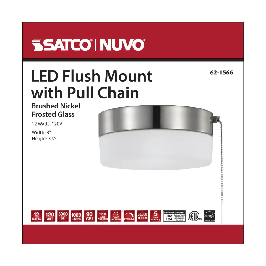 8" LED Flush Mount with Pull Chain - Brushed Nickel - Image 7