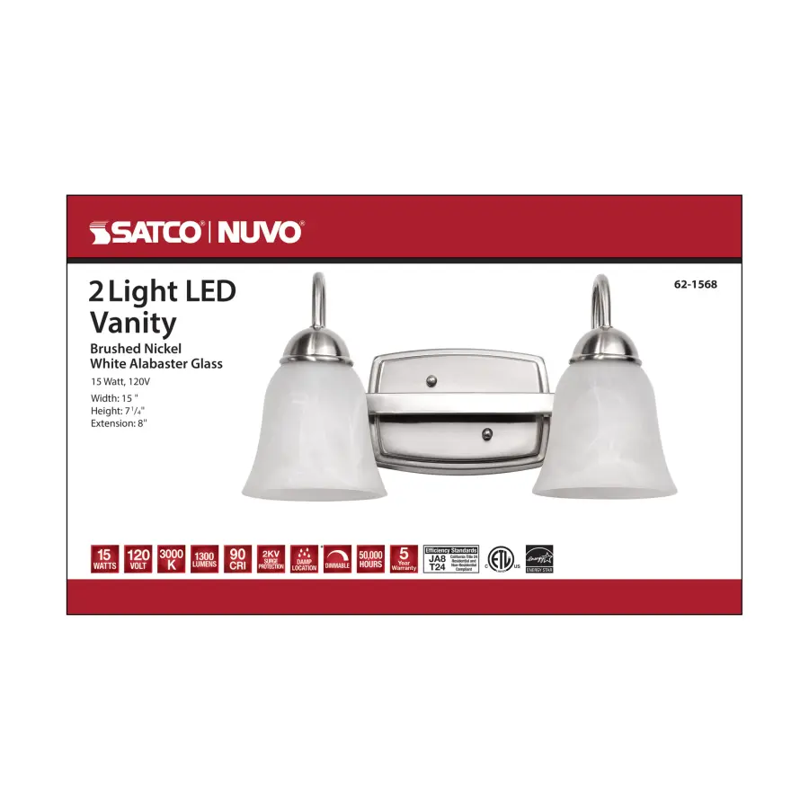 LED 2-Light Vanity Fixture in Brushed Nickel with Alabaster Glass - Image 7