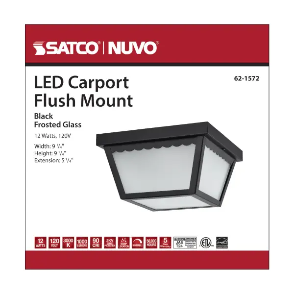 12W LED Carport Flush Mount - 9" Black with Frosted Glass - Image 7