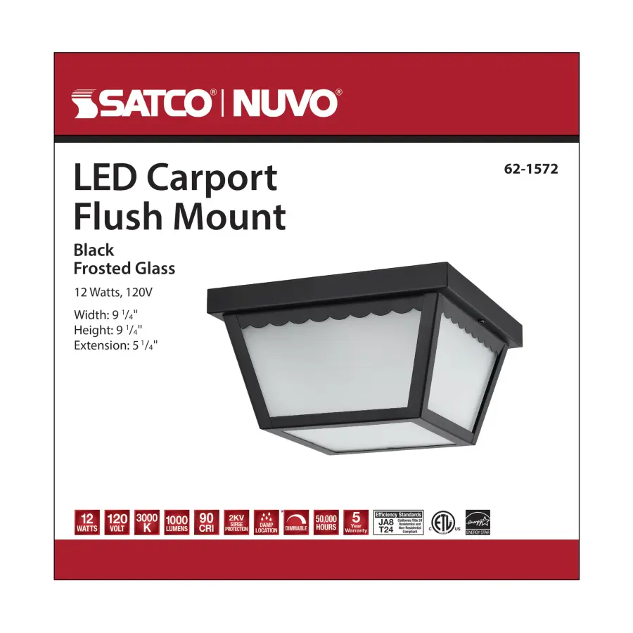 12W LED Carport Flush Mount - 9" Black with Frosted Glass - Image 7
