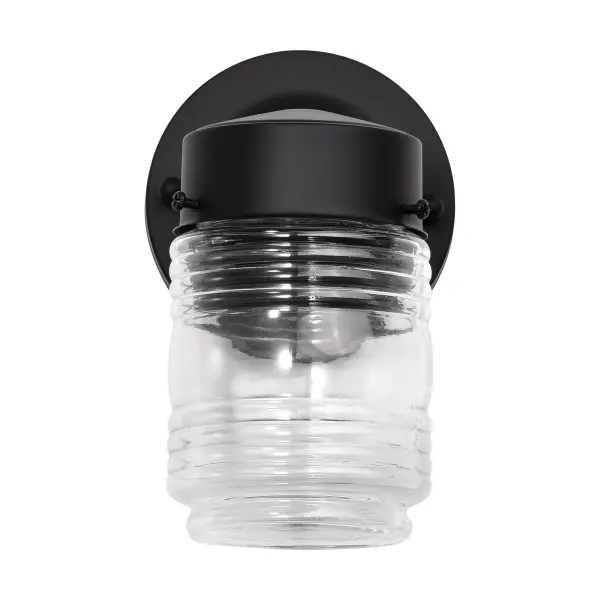 The Cyprus wall light combines timeless mason jar styling with industrial black finish. Its ribbed clear glass maximizes light output while adding visual texture, making it ideal for porches and exterior spaces.