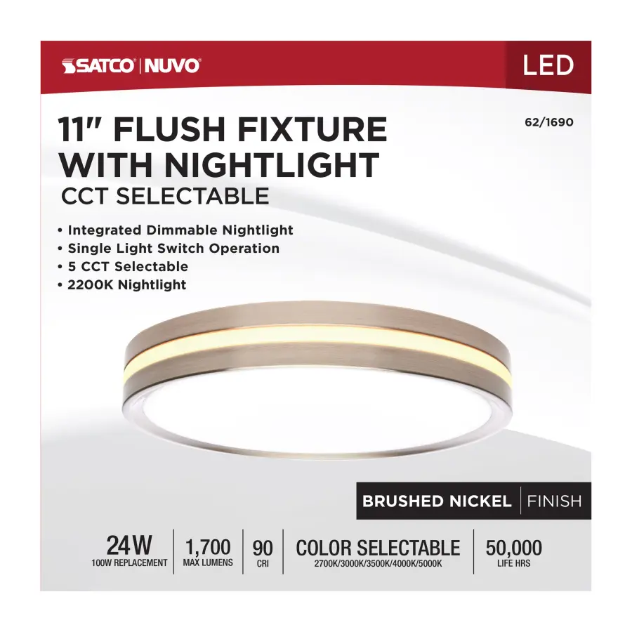 11" Flush Mount with Night Light - Brushed Nickel - Image 12