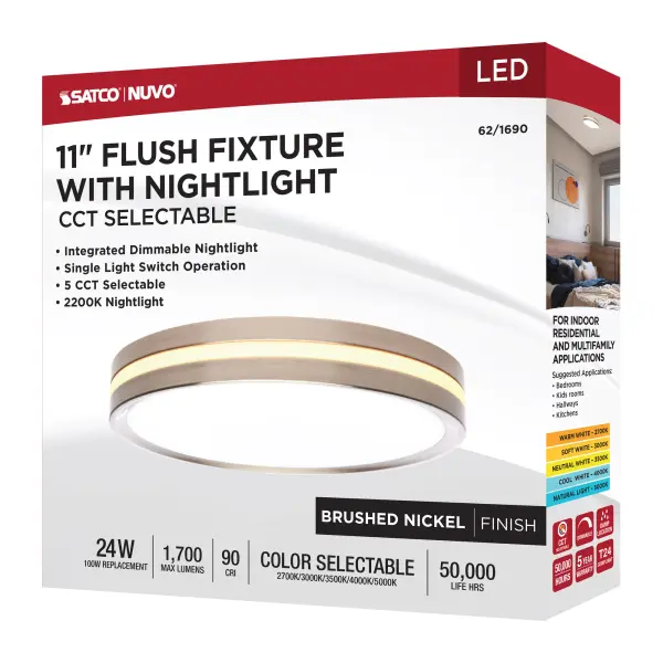 11" Flush Mount with Night Light - Brushed Nickel - Image 17