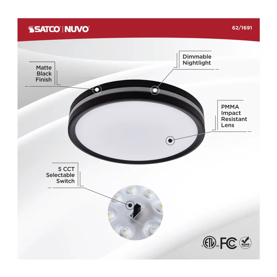 11" Flush Mount with Night Light - Matte Black - Image 13