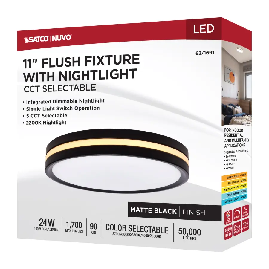11" Flush Mount with Night Light - Matte Black - Image 17