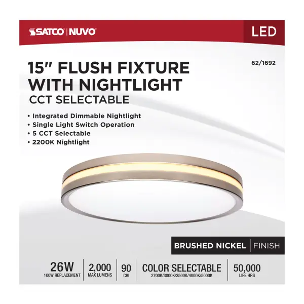 15" Surface Mount Flush Fixture with Night Light - Brushed Nickel - Image 12