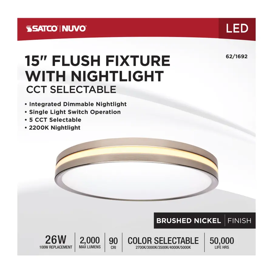 15" Surface Mount Flush Fixture with Night Light - Brushed Nickel - Image 12