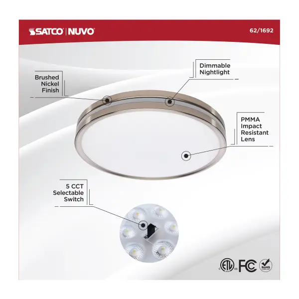 15" Surface Mount Flush Fixture with Night Light - Brushed Nickel - Image 13