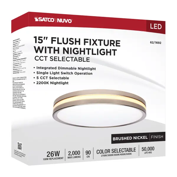 15" Surface Mount Flush Fixture with Night Light - Brushed Nickel - Image 16