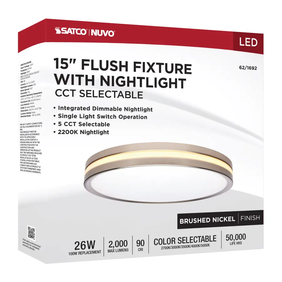 15" Surface Mount Flush Fixture with Night Light - Brushed Nickel - Image 16