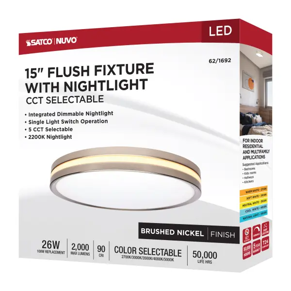 15" Surface Mount Flush Fixture with Night Light - Brushed Nickel - Image 17