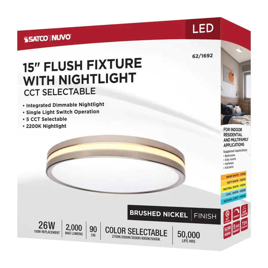 15" Surface Mount Flush Fixture with Night Light - Brushed Nickel - Image 17