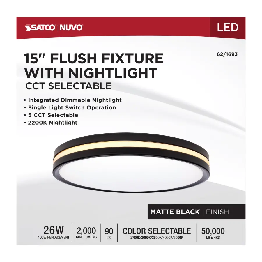 15" Flush Mount with Night Light - Matte Black - Image 12