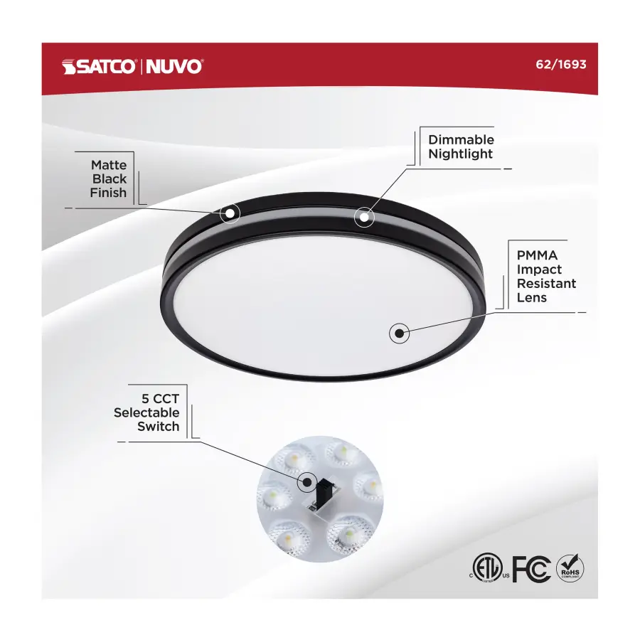 15" Flush Mount with Night Light - Matte Black - Image 13